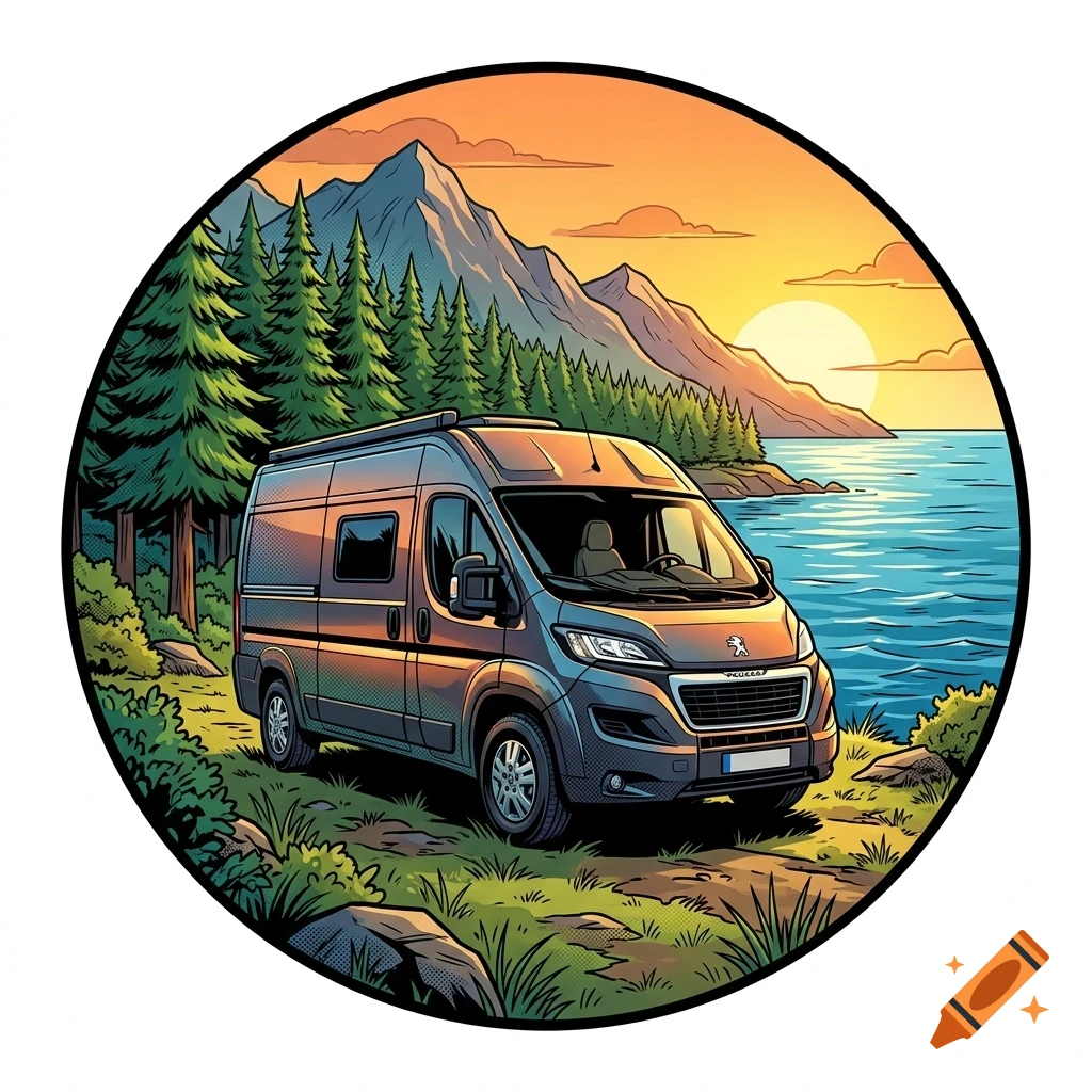 An illustrated circular scene showing a camper van parked by a lake with mountains, pine trees, and a sunset in the background.