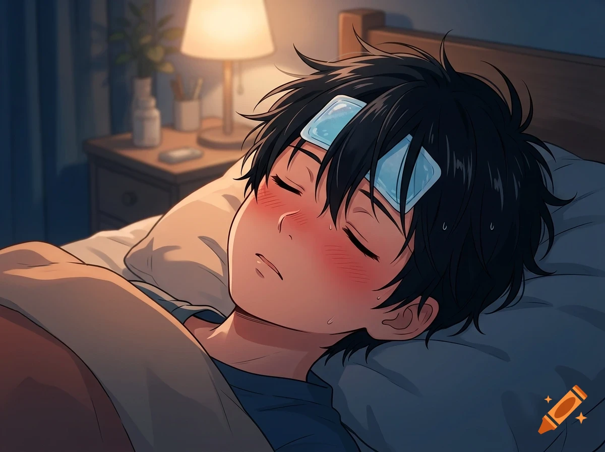 An anime-style illustration of a sick boy sleeping in bed with a cold compress on his forehead, flushed cheeks, and sweating.