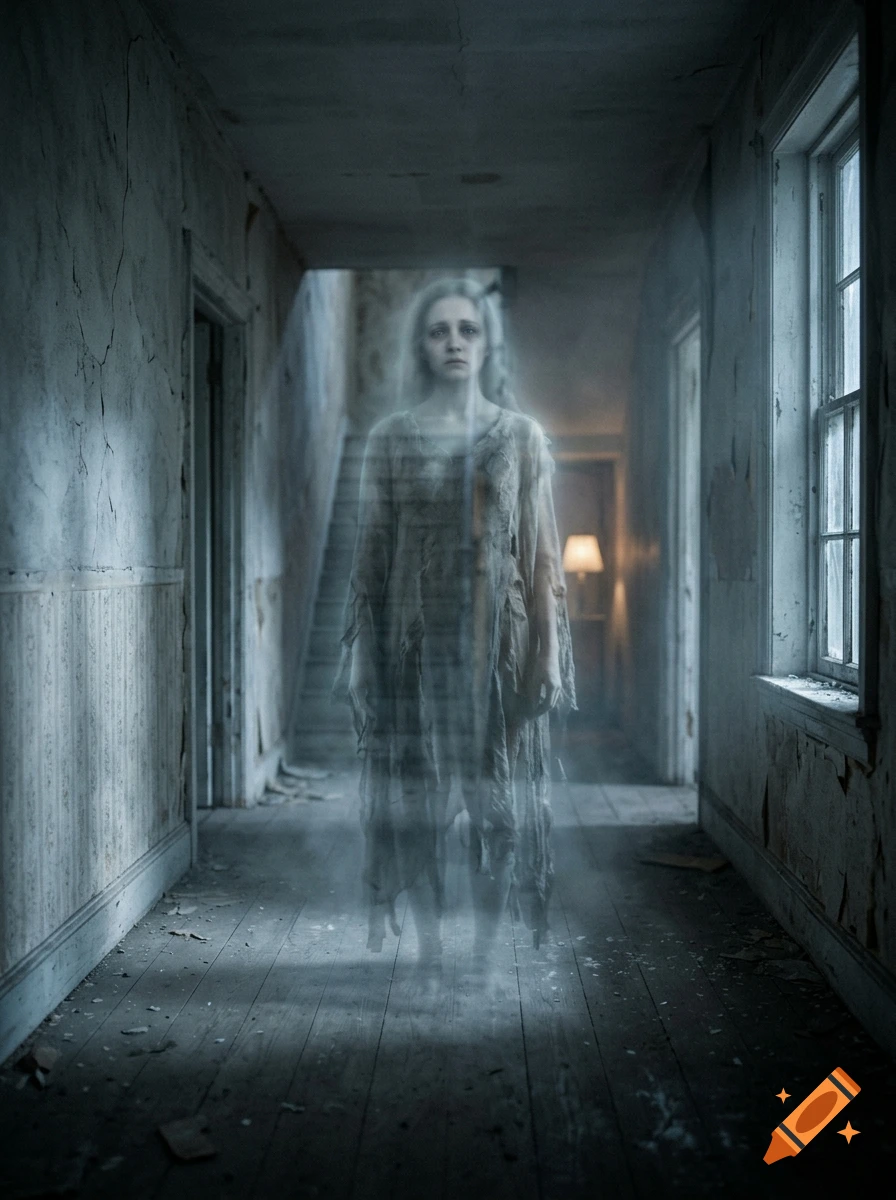Photorealistic ghostly female figure floating in a dark, weathered hallway.