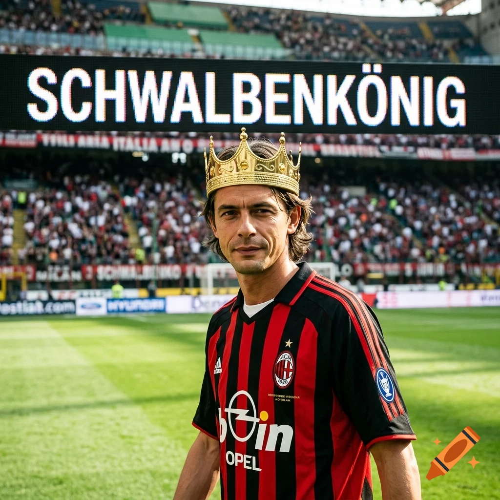 A male soccer player wearing a gold crown on a stadium field with a large digital scoreboard showing the word SCHWALBENKÖNIG overhead.