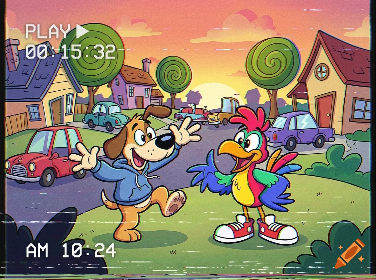 An animated cartoon scene featuring a cartoon dog and a colorful bird character standing together in a suburban neighborhood street with houses and cars in the background.