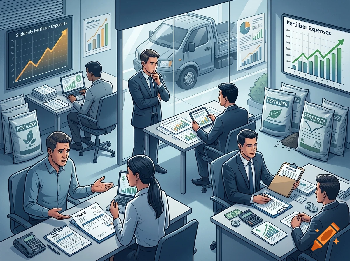 An office scene with people working at desks, reviewing financial charts and discussing fertilizer expenses, with bags of fertilizer and a pickup truck visible.