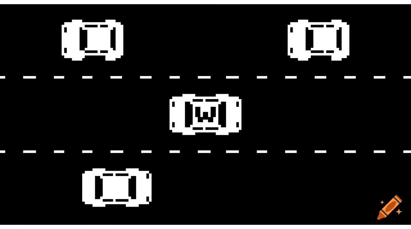 Top-down view of several pixelated cars on a road with dashed lane markers.