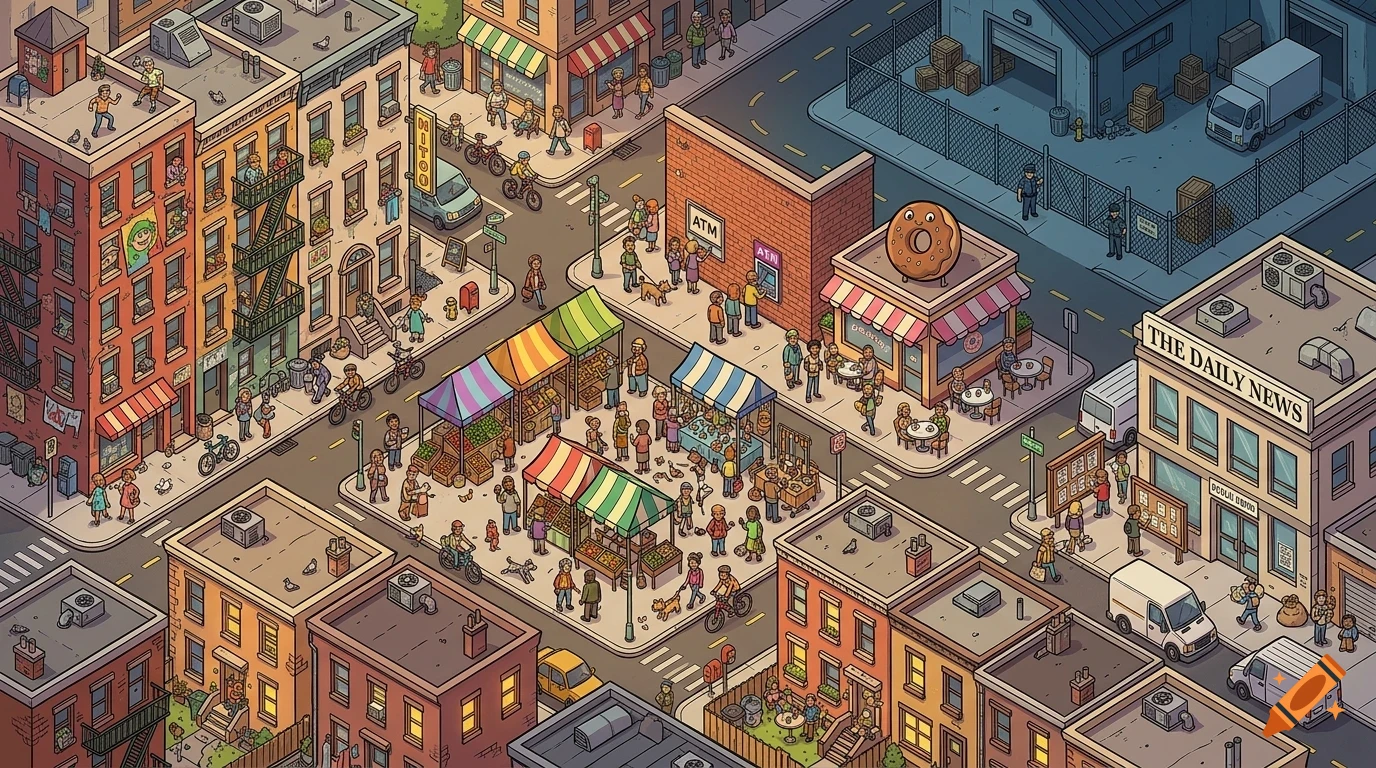 An isometric illustration of a bustling city street with buildings, shops, a market, and numerous people going about their daily activities.