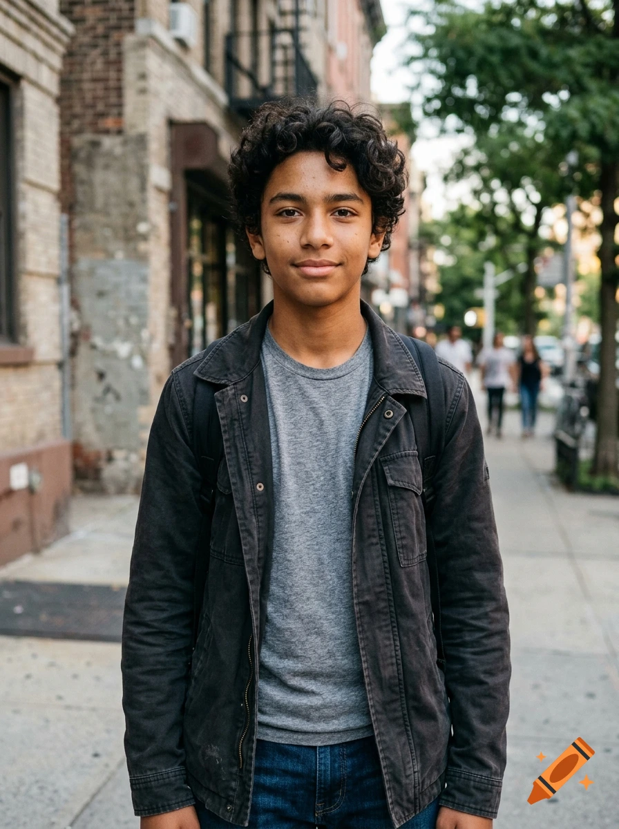 Photorealistic portrait of a young teenage boy with curly dark hair and a dark jacket standing on a city sidewalk.