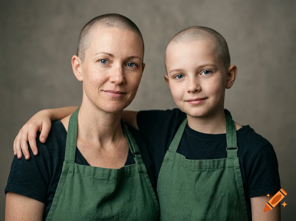 Photorealistic studio portrait of a caucasian woman and preteen girl with shaved heads and blue eyes, wearing green bib aprons.