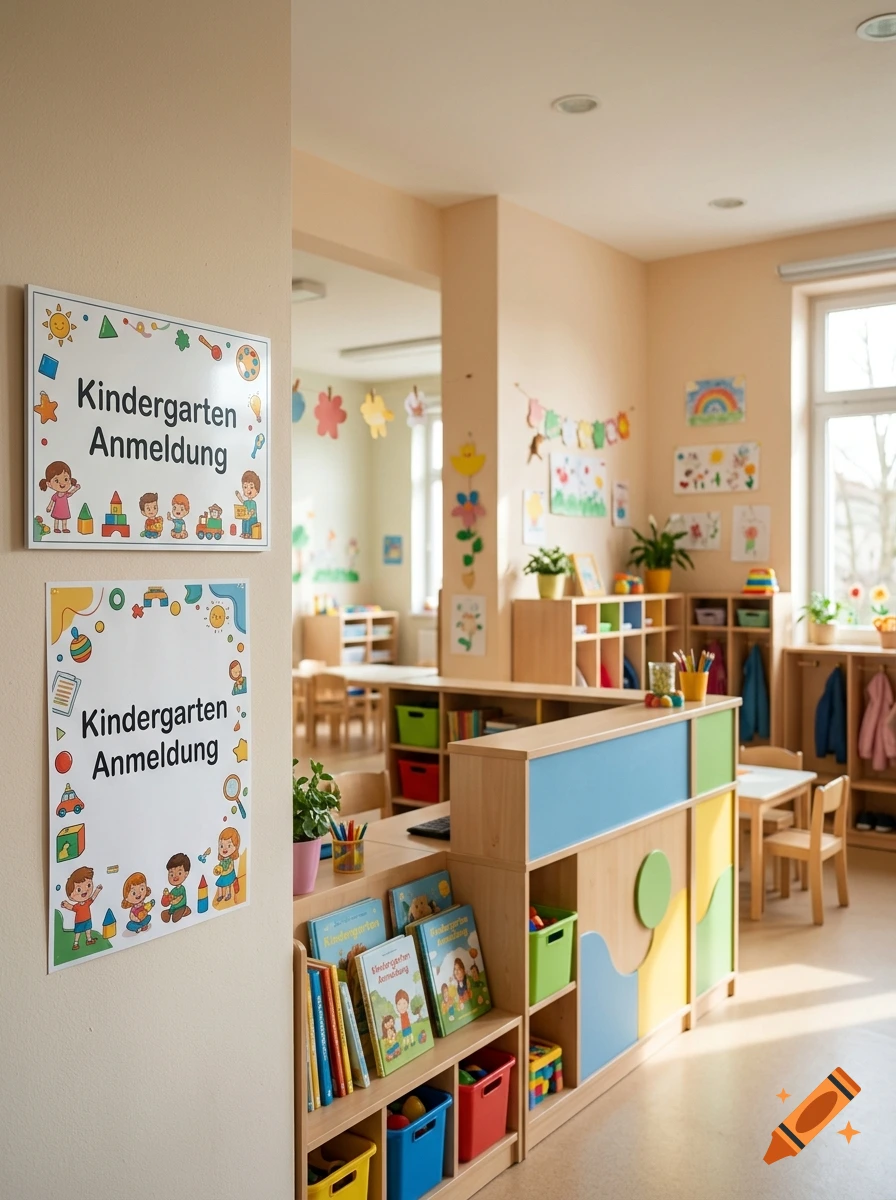 Bright, modern kindergarten interior with wooden cubbies, colorful storage bins, and 'Kindergarten Anmeldung' signs on the wall.