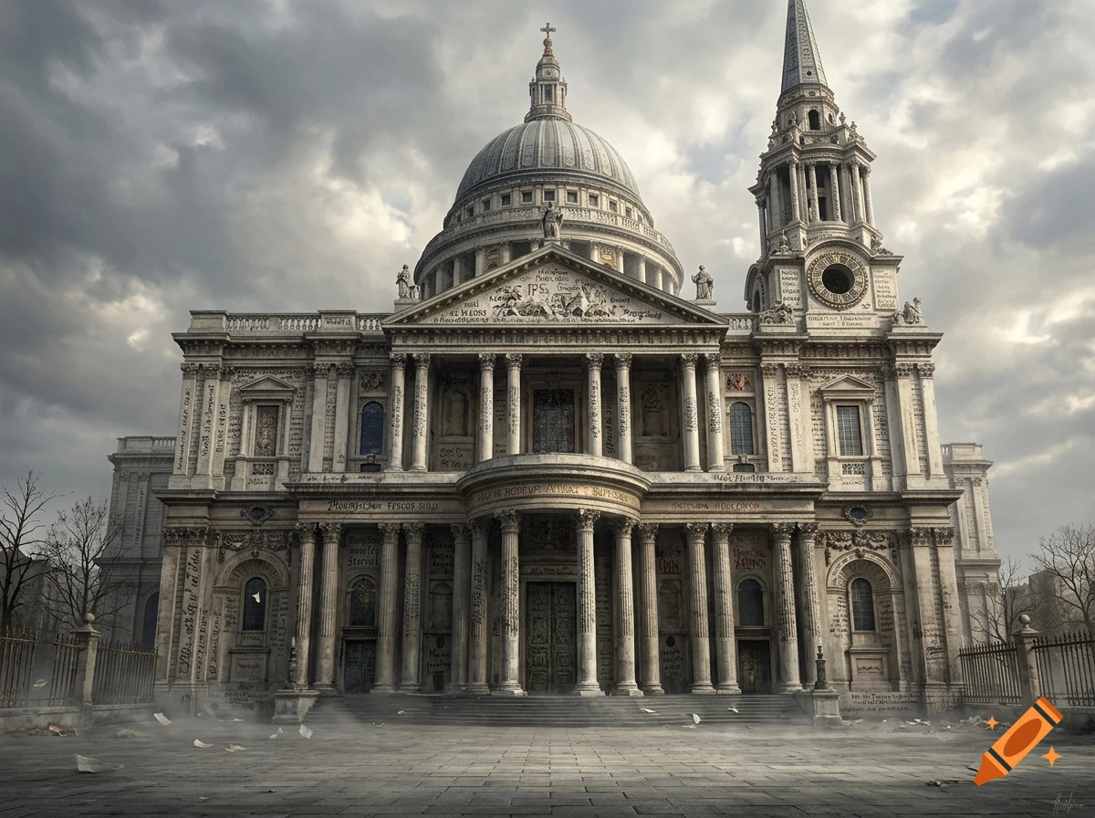 Photorealistic large cathedral covered in small indistinct text, with scattered paper on the ground under a cloudy sky.