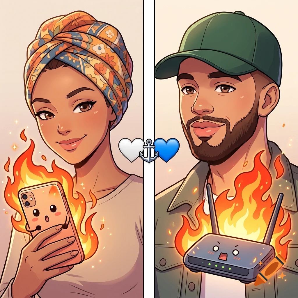 Split-screen anime style illustration of a smiling woman in a patterned headwrap holding a flaming phone, and a smiling man in a green cap with a flaming router.