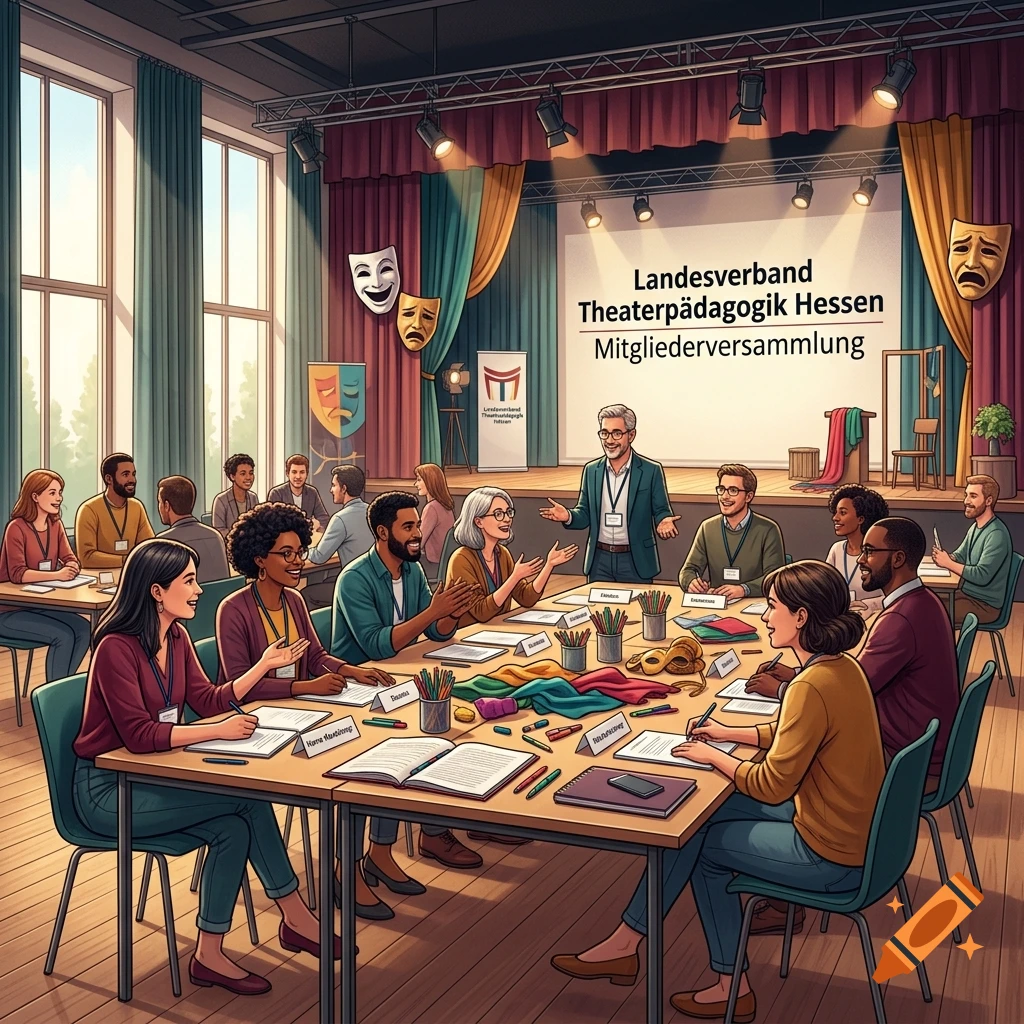 Illustrated group meeting in a theater arts room with people seated around tables and a presenter at the front.
