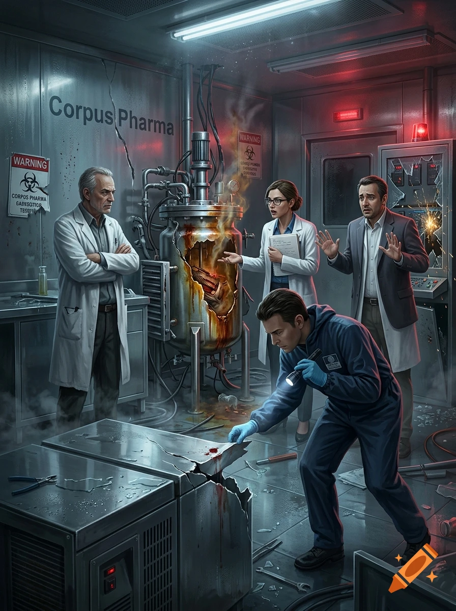 Detailed digital illustration of a crime scene inside a pharmaceutical laboratory with damaged equipment and investigators.