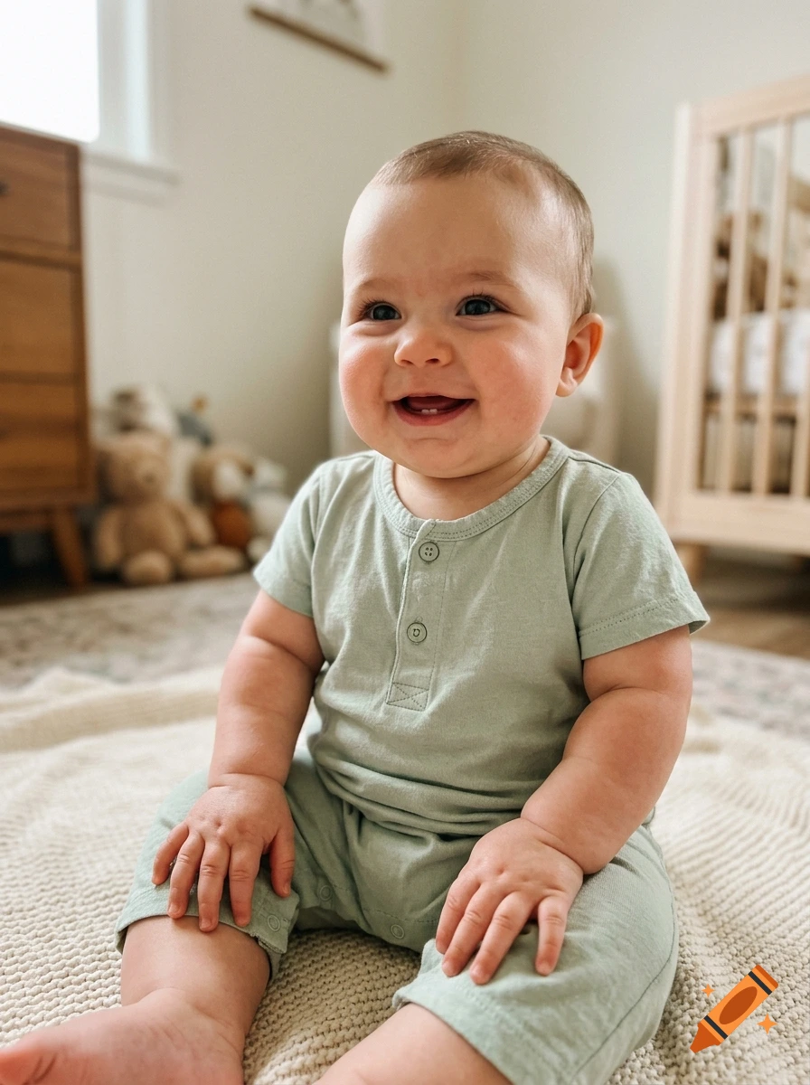 Photorealistic image of a smiling, chubby baby sitting on a white blanket in a sunlit room.