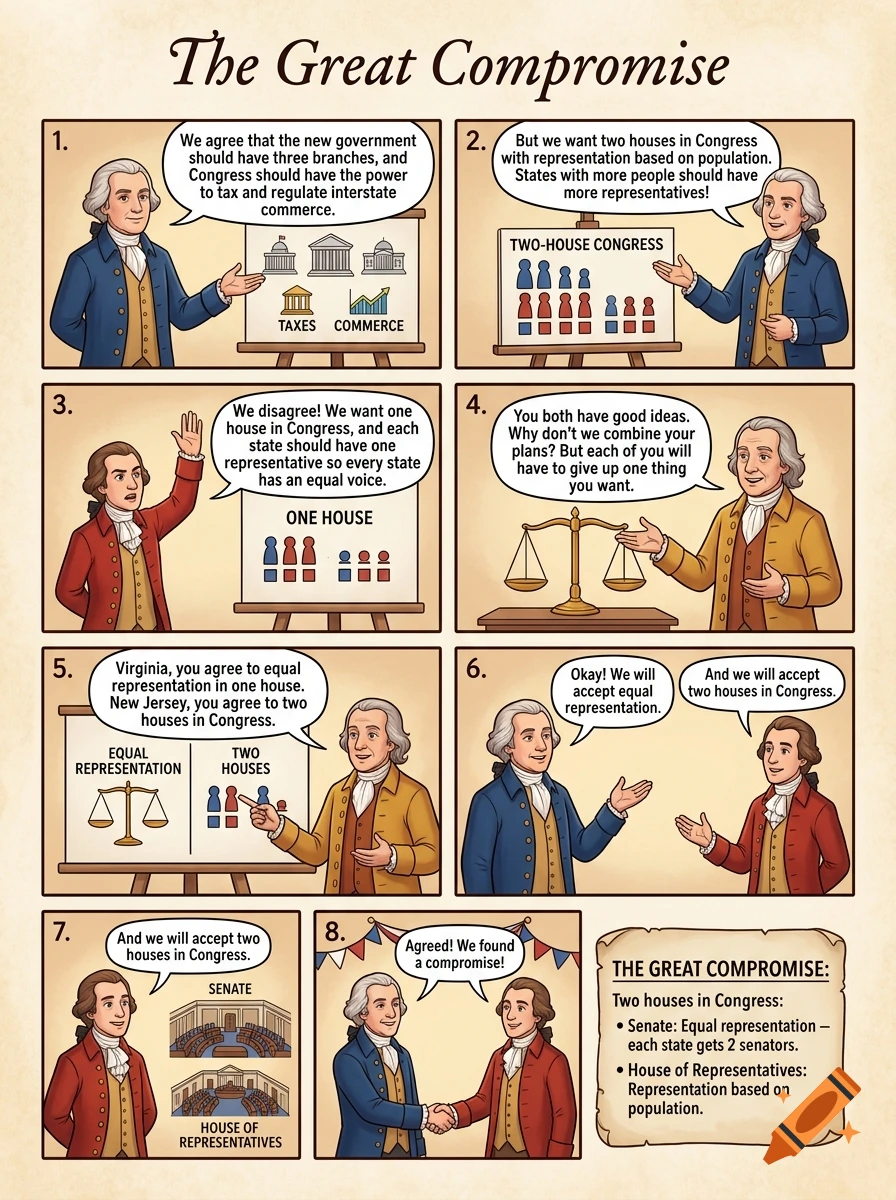 An educational comic storyboard illustrating the historical Great Compromise with eight panels and text bubbles.