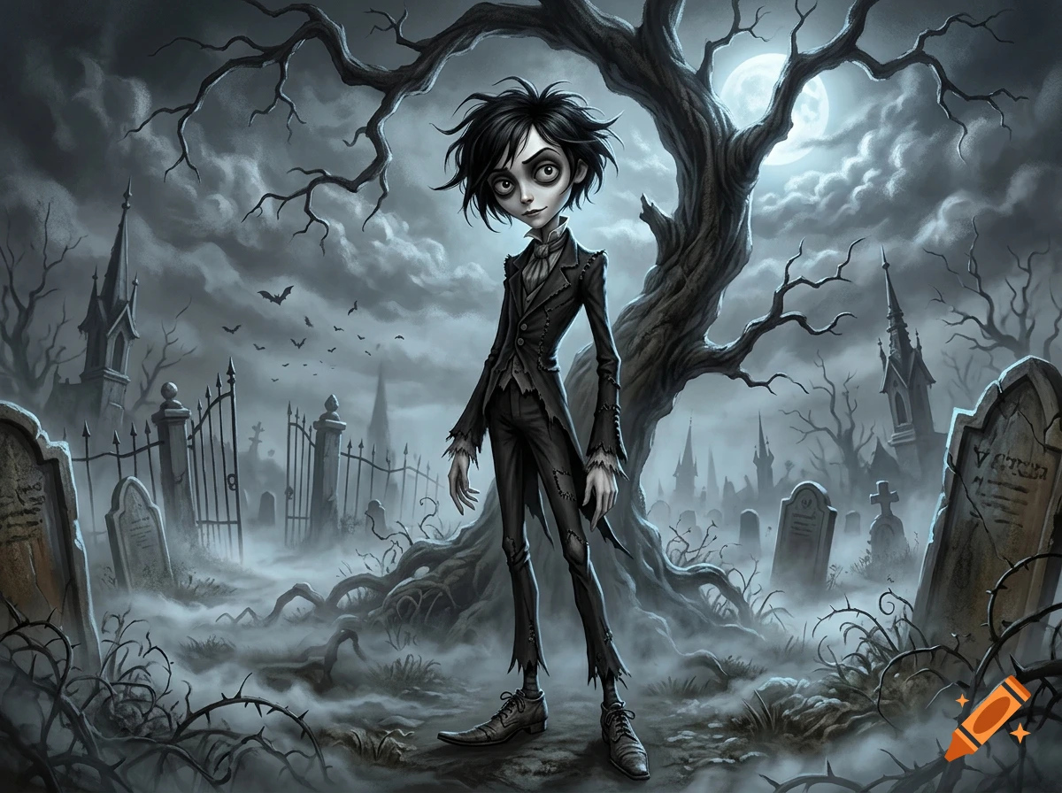 A stylized gothic character standing in a spooky graveyard with a twisted tree and full moon in the background, Tim Burton style illustration.