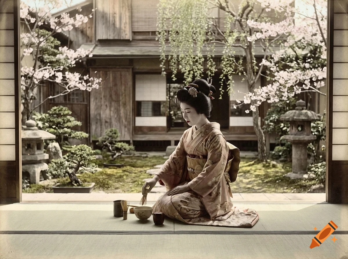 A woman in a traditional kimono kneeling on tatami mats inside a Japanese home preparing tea, with a view of a tranquil courtyard garden and blooming cherry trees through open sliding doors.