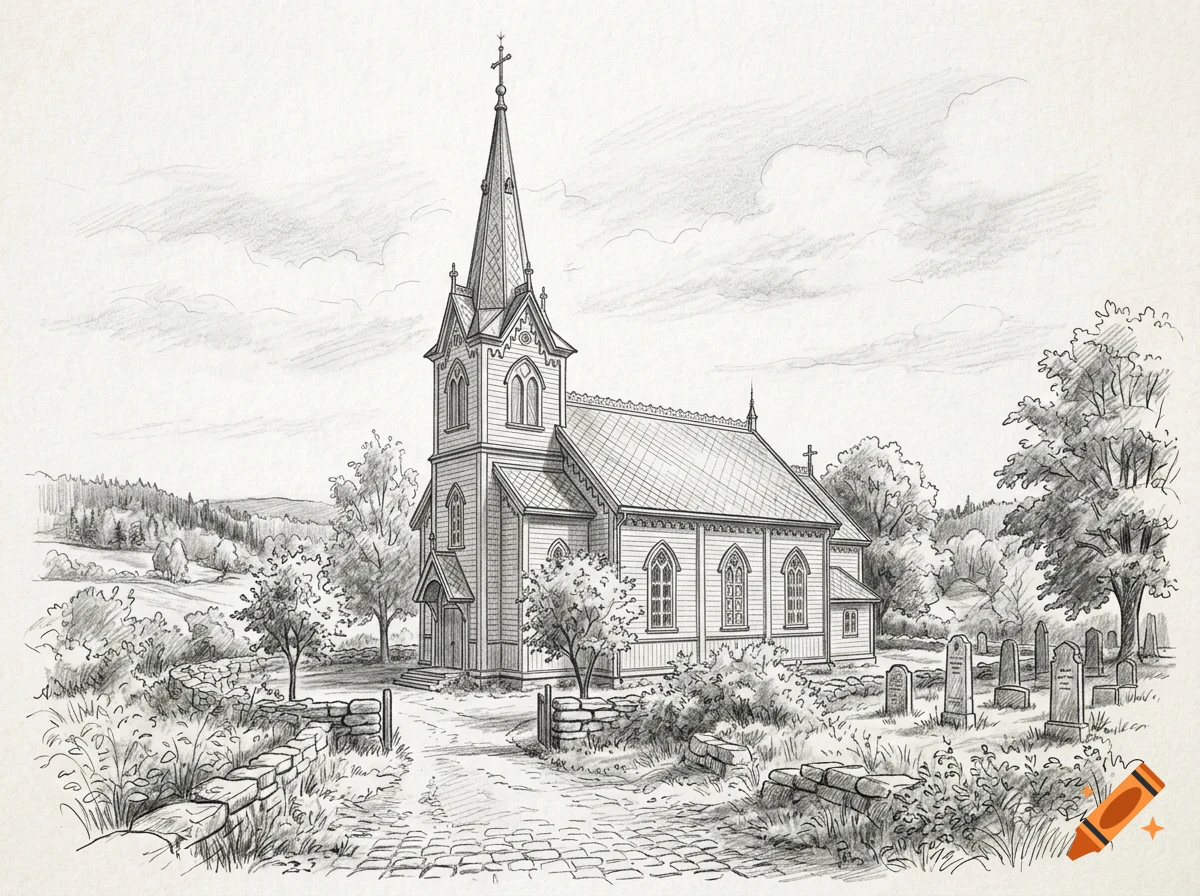 A pencil sketch of a traditional wooden church with a tall steeple, surrounded by trees and a small graveyard with headstones.