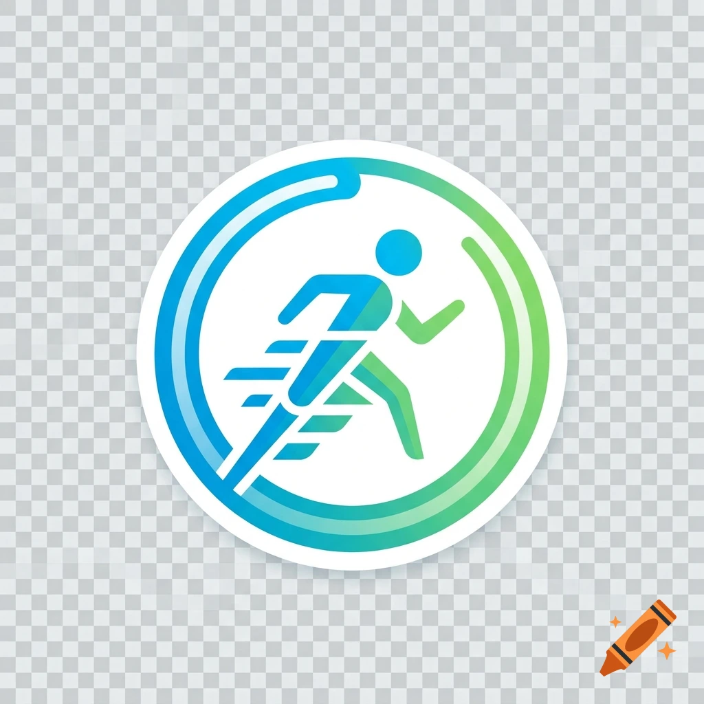 Circular blue and green running figure logo with motion trails on a checkered background, vector style.