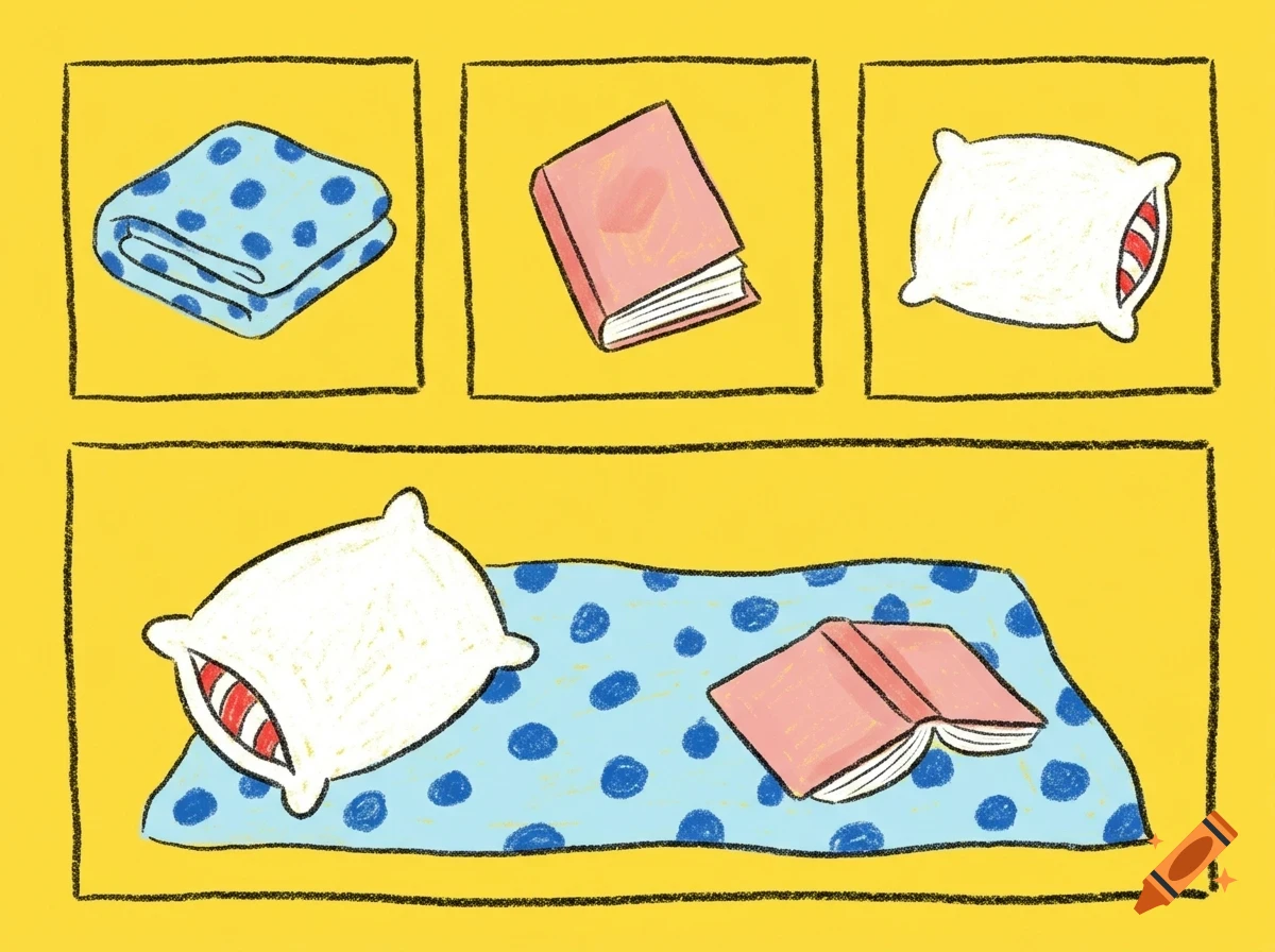 An illustration with a yellow background showing framed squares of a folded blue polka dot blanket, a closed pink book, and a white pillow, with a larger scene at the bottom containing all three items together.