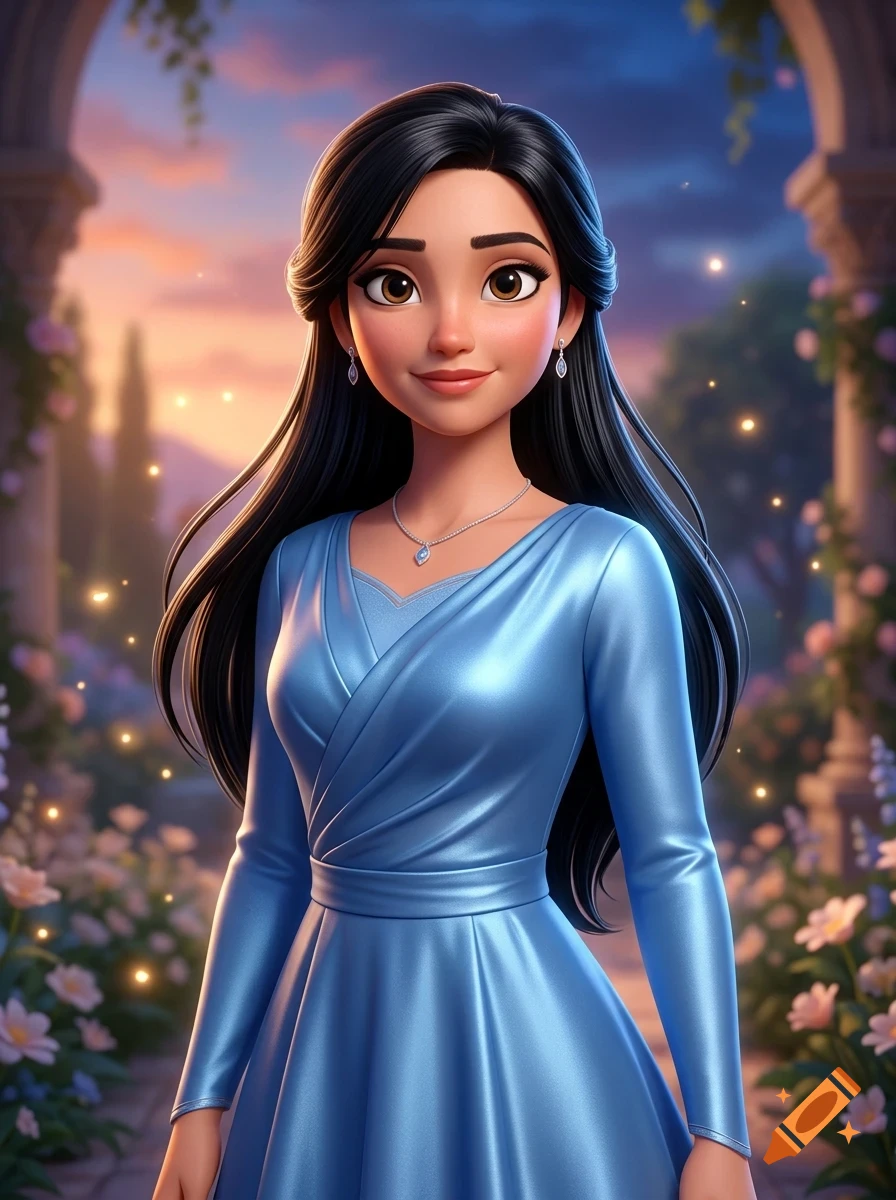 A digital illustration of a smiling young woman with long dark hair wearing a shiny blue dress outdoors in a garden at sunset.