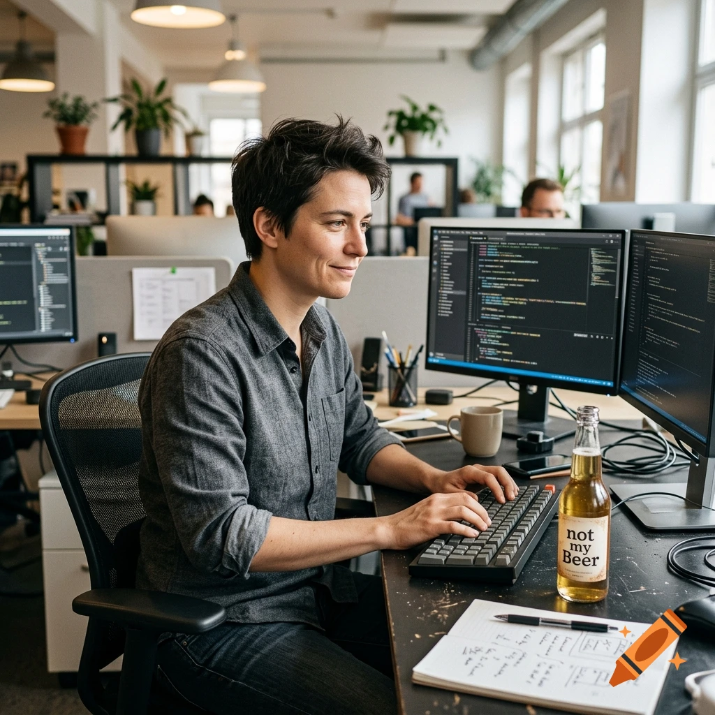Photorealistic image of a software developer working at a computer in a modern office with a bottle of beer on the desk.