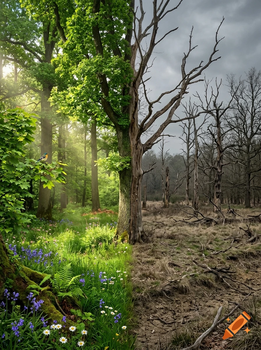 Photorealistic split image showing a lush, vibrant green forest on one side and a barren, dead forest on the other.