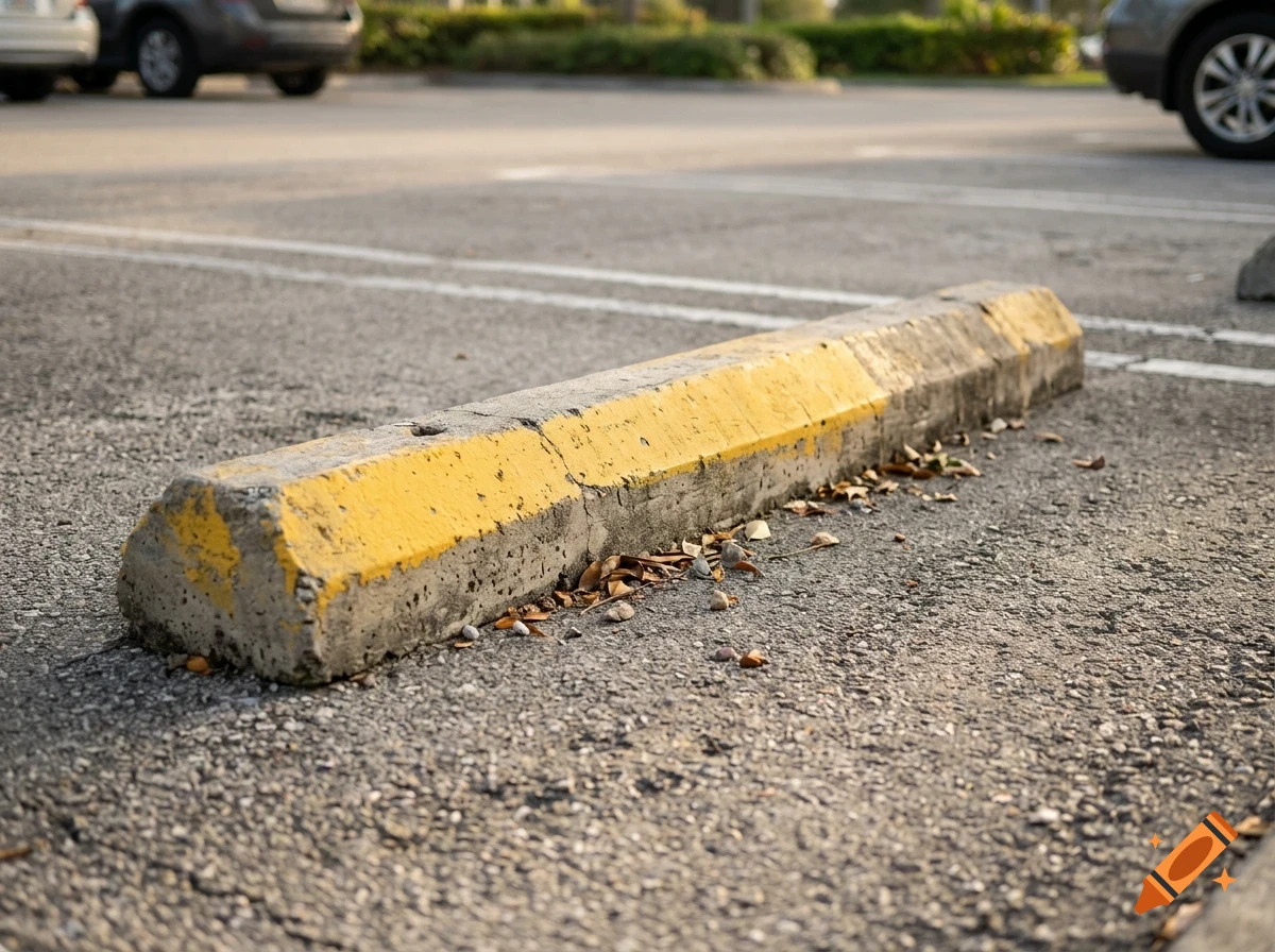 A concrete parking bumper with yellow paint sits on an asphalt parking lot, with cars visible in the background.