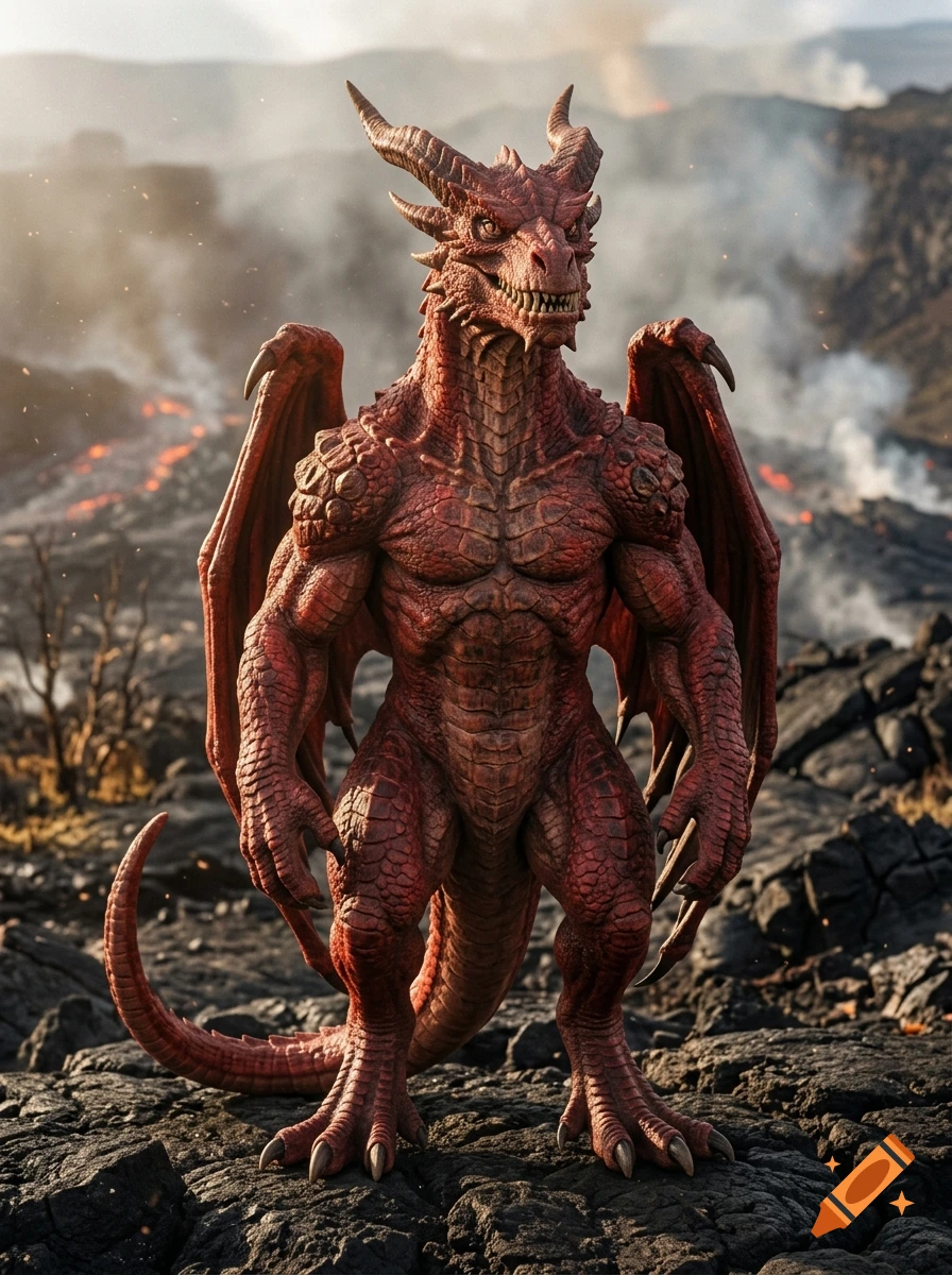 Photorealistic bipedal red dragon with horns and muscular build standing on volcanic rock landscape.