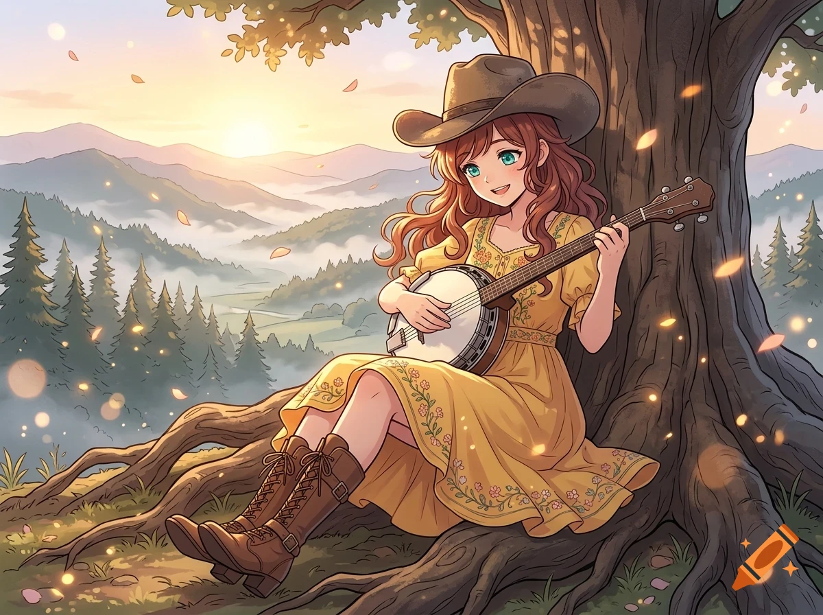 An anime-style illustration of a cowgirl sitting under a large tree playing a banjo in front of a mountain landscape at sunset.
