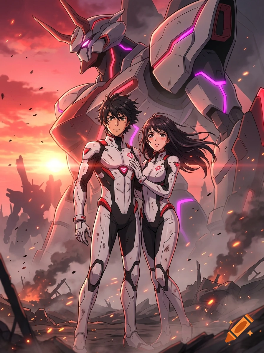 Anime style illustration of a male and female pilot in white and red plug suits standing in front of a large mecha robot against a sunset backdrop.