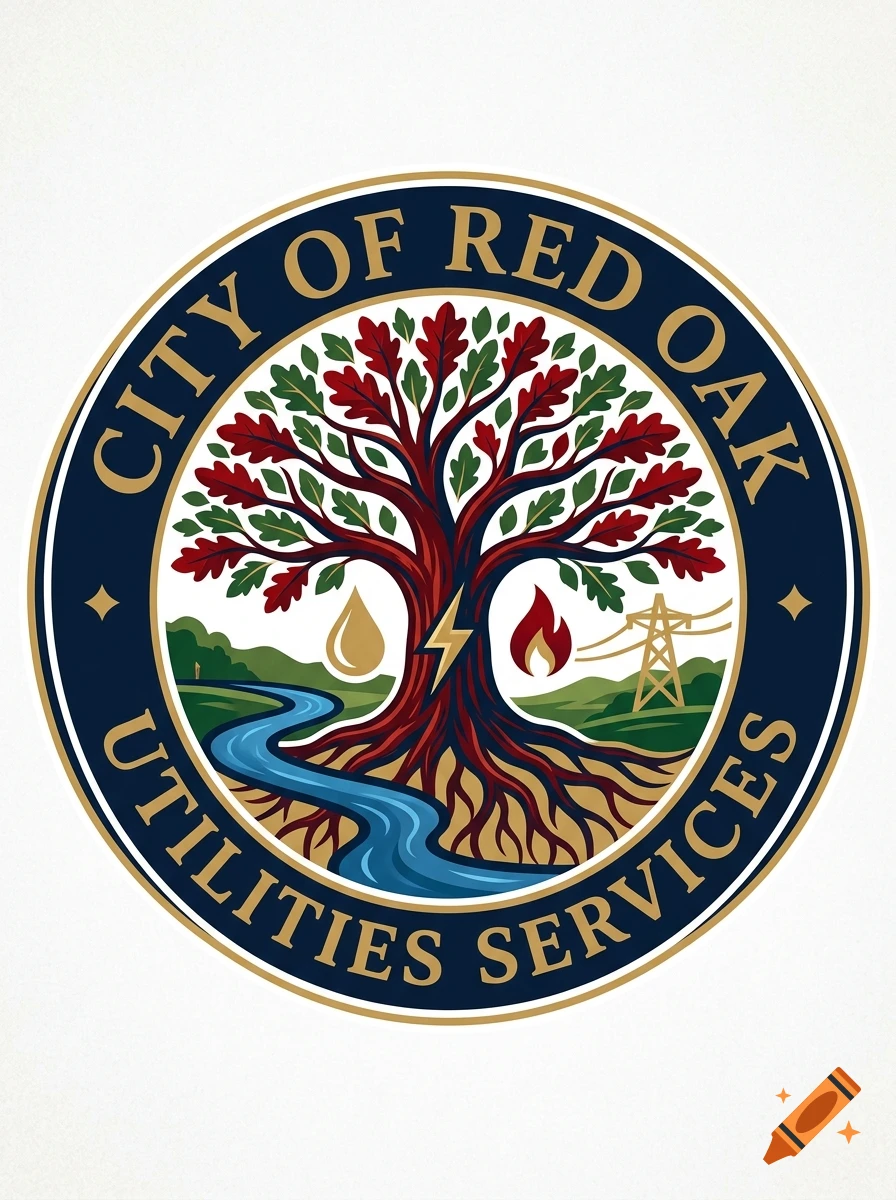 Circular emblem for City of Red Oak Utilities Services featuring a red oak tree, river, electricity symbol, and flame.
