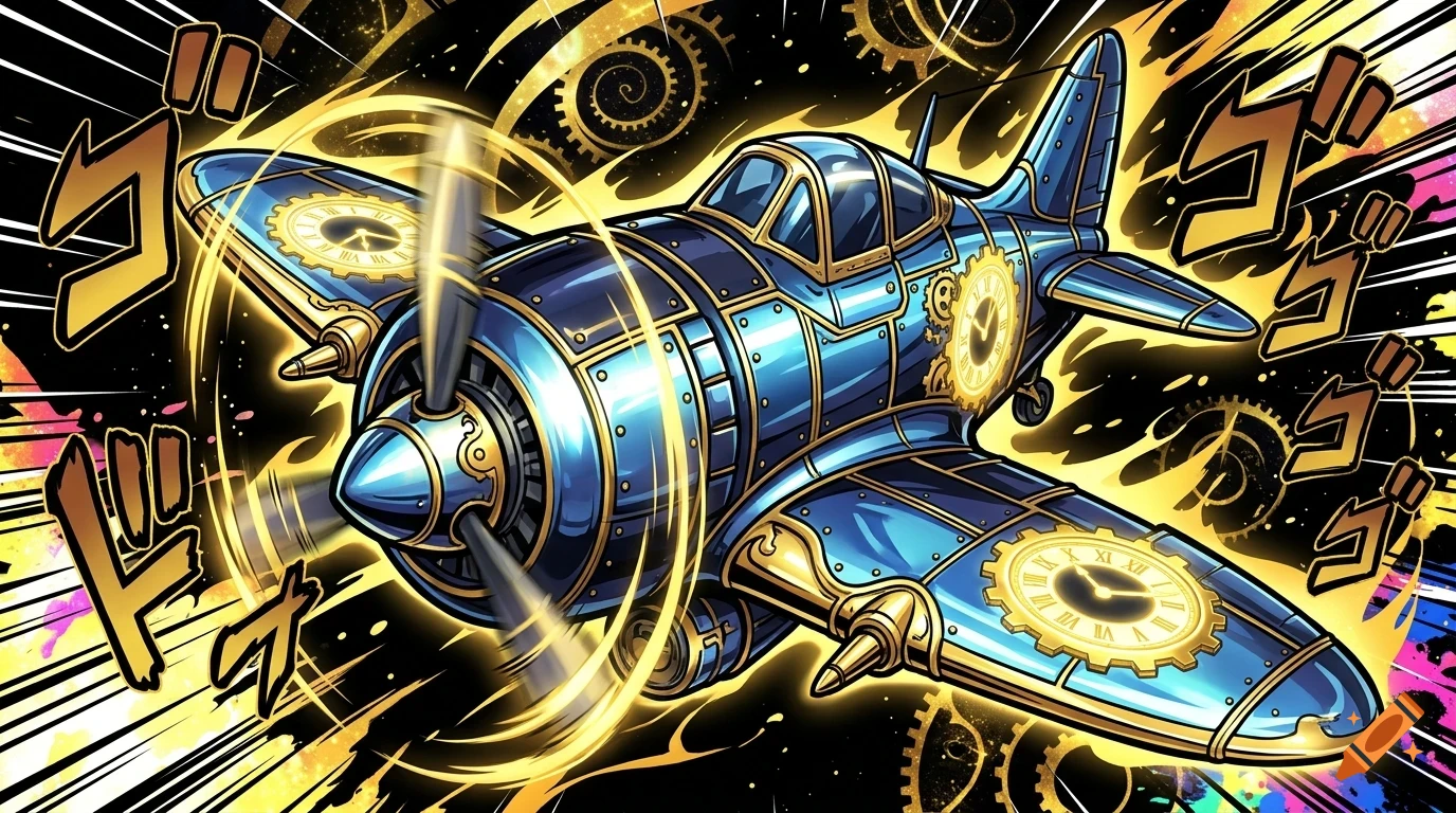 An illustrated blue and gold airplane with clock face motifs on its wings and body, set against a dynamic background with swirling gears and speed lines.