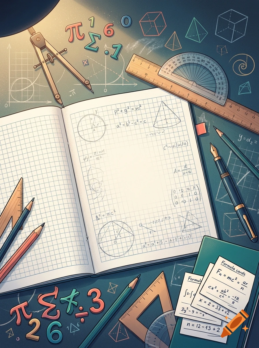 Illustrated math notebook open on a desk surrounded by mathematical tools, formulas, and numbers.