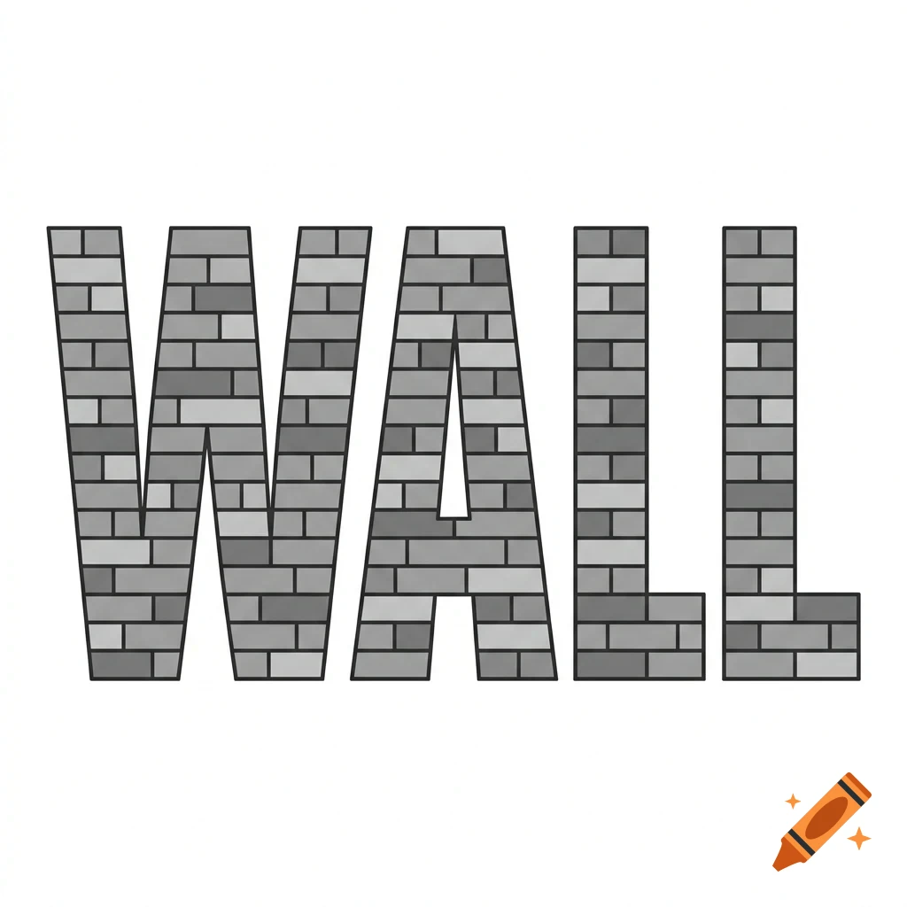 The word WALL spelled out in a gray brick pattern design.