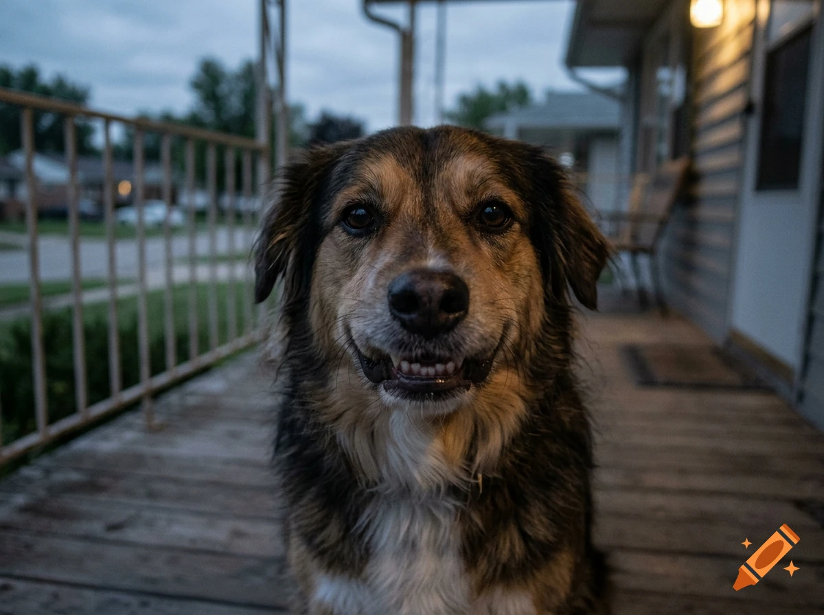 Close-up photorealistic shot of a brown dog with a wide, eerie grin showing teeth, sitting on a wooden porch.