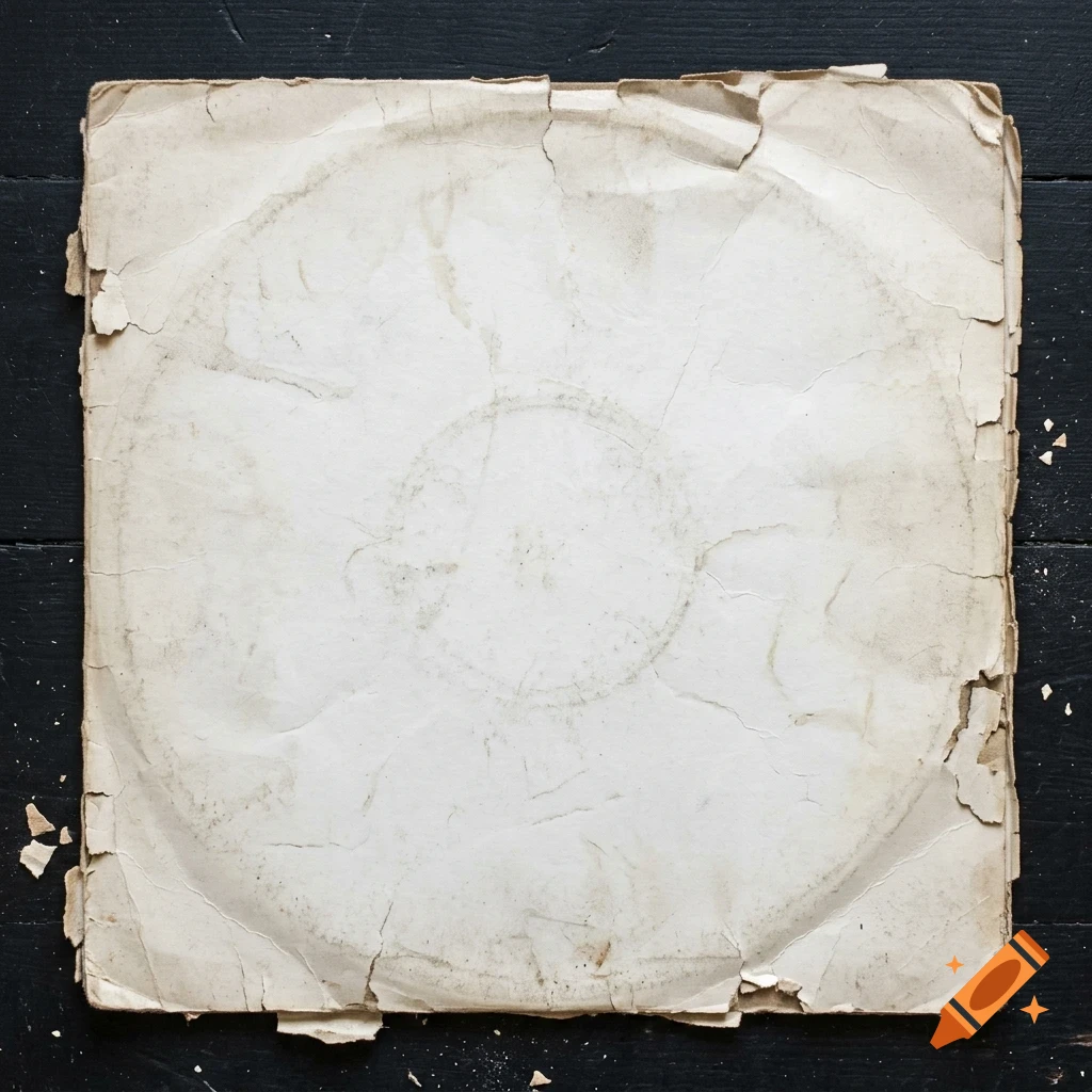 An extremely weathered and torn square vintage paper sleeve, showing circular ring wear impressions, resting on a dark wooden surface.