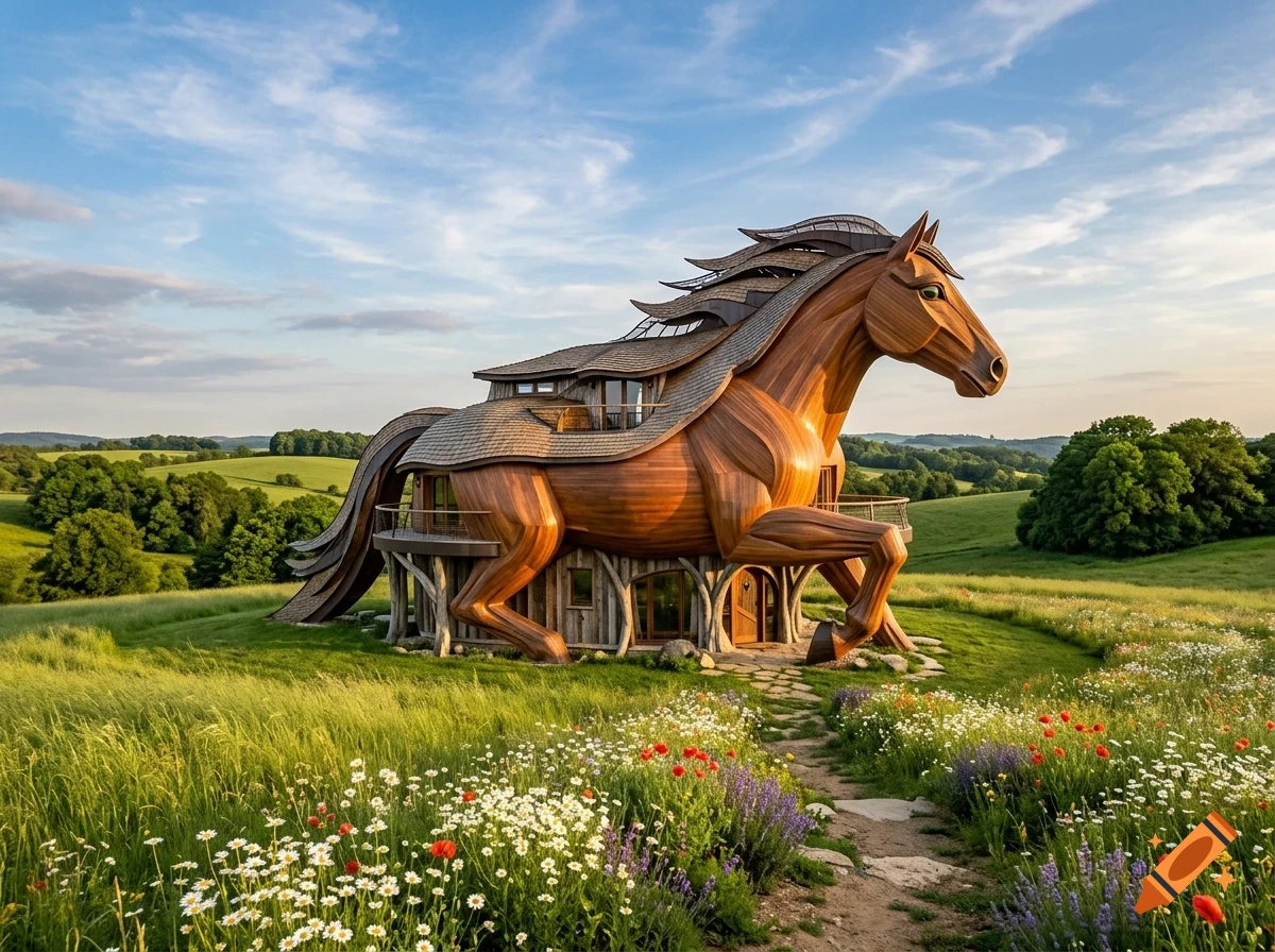 A whimsical, large wooden house shaped like a galloping horse stands in a grassy meadow under a cloudy blue sky.