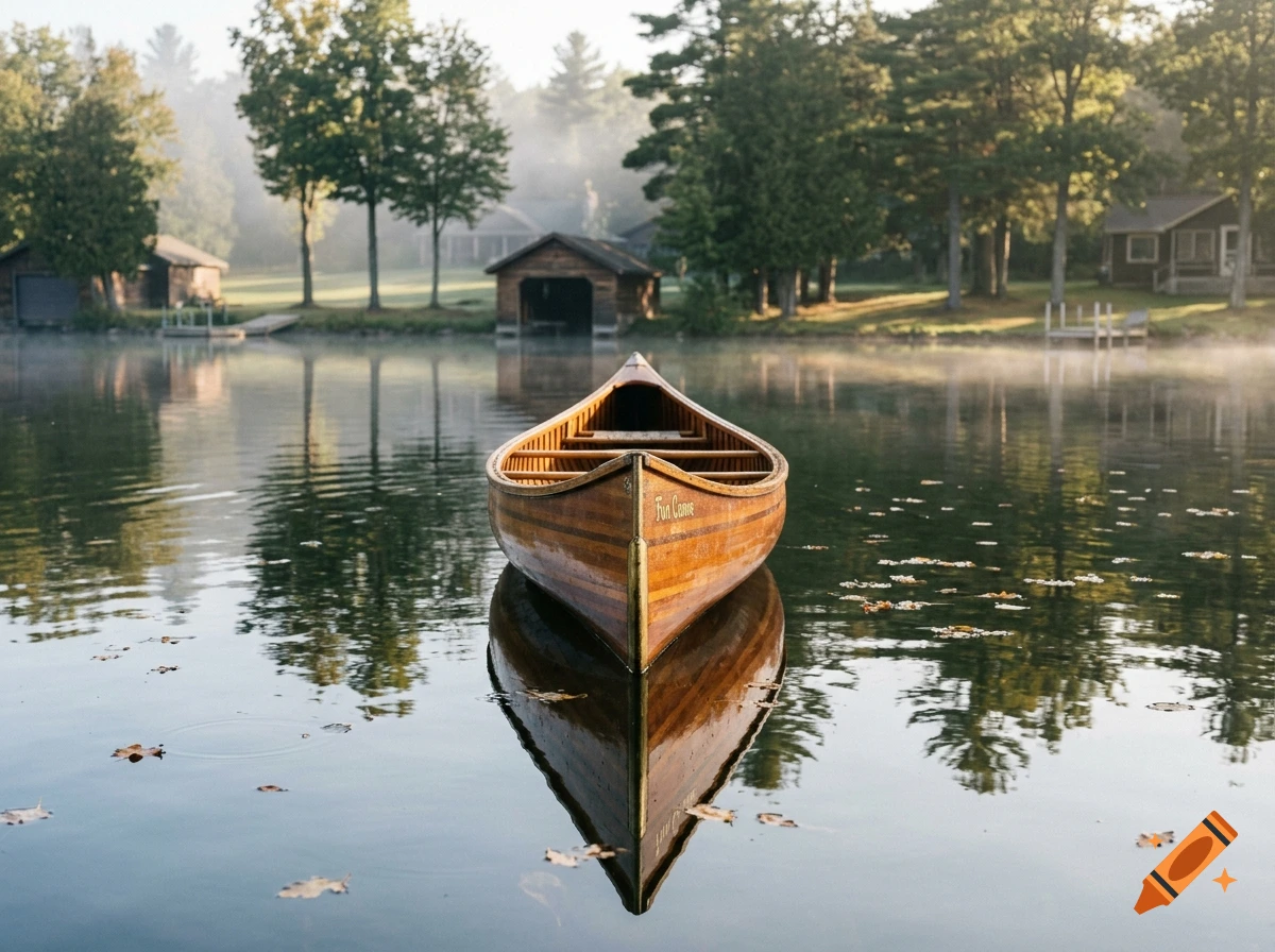 Symmetrical wooden canoe floating on a calm lake reflecting forest and cabins at sunrise, photorealistic.