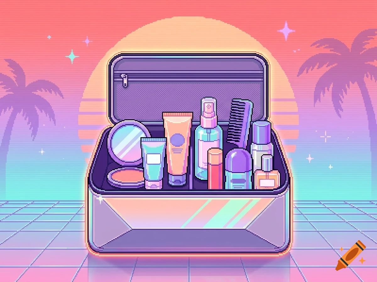 An open vanity case filled with cosmetic products against a synthwave sunset and palm tree background in pixel art style.