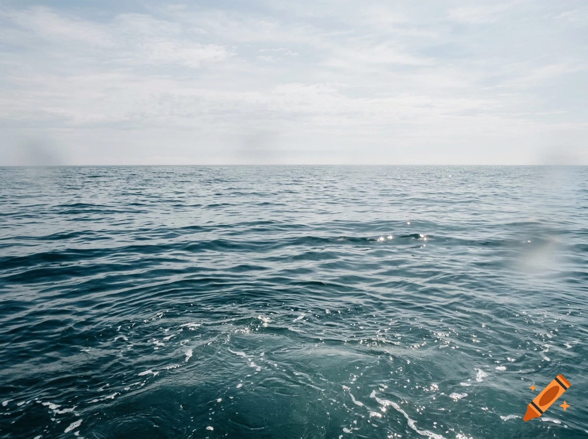 Photorealistic view of calm blue sea under a cloudy sky.