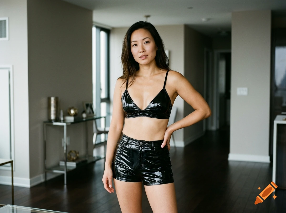 Photorealistic portrait of an Asian woman wearing a black patent leather bra and shorts standing in a modern apartment.