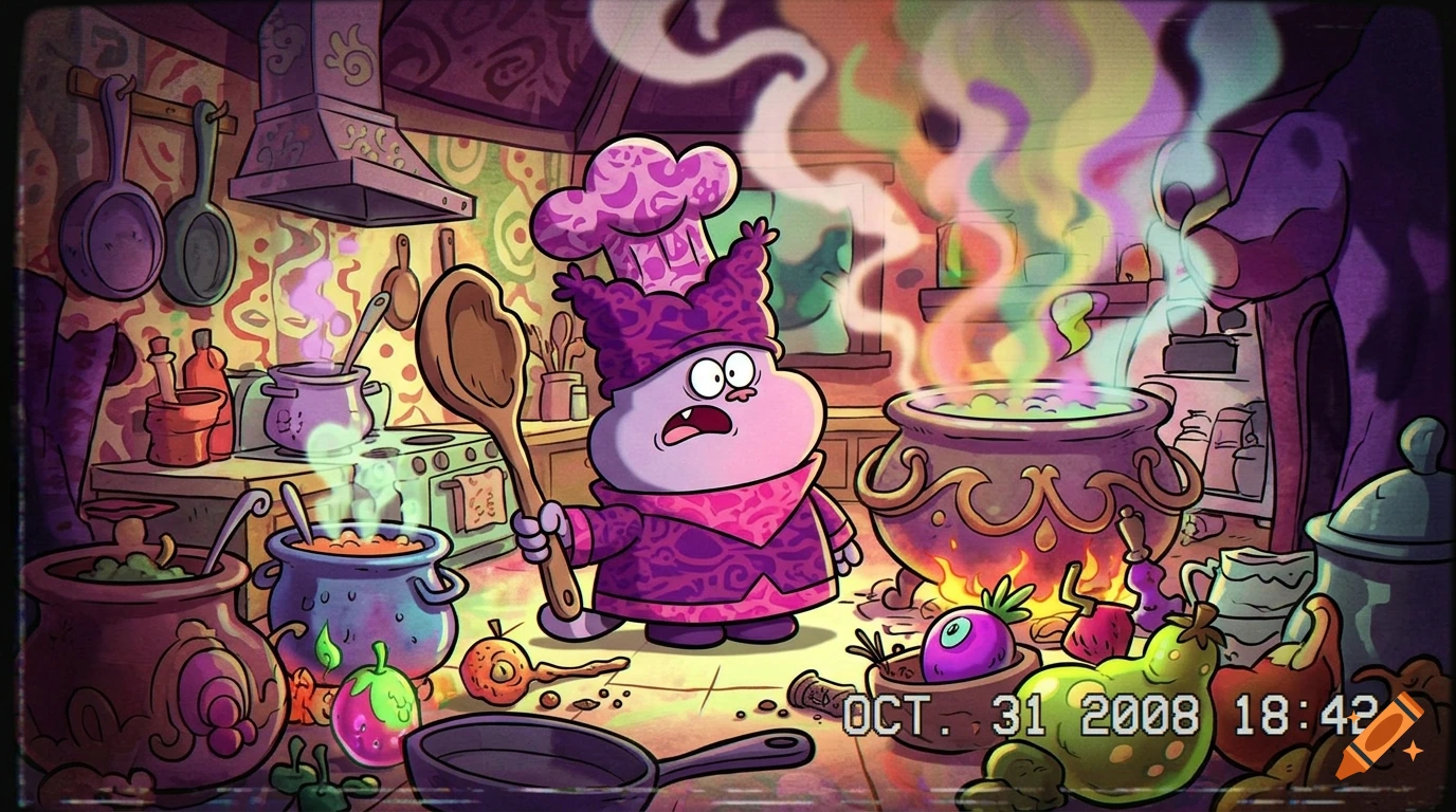 A stylized cartoon character in a chef's hat and patterned purple outfit holding a large wooden spoon inside a colorful, magical kitchen with pots and glowing smoke.