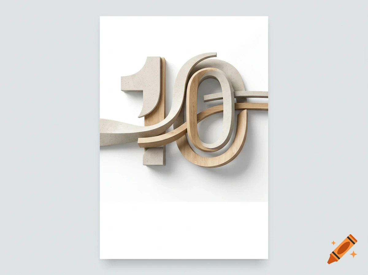 Three-dimensional typography of the number 10 rendered with stone and wood textures against a white background.