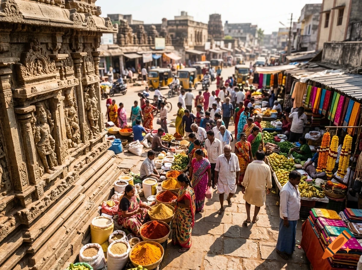 A bustling Indian street market next to an ornate historic temple, with vendors selling spices, textiles, and produce to a crowd of people.