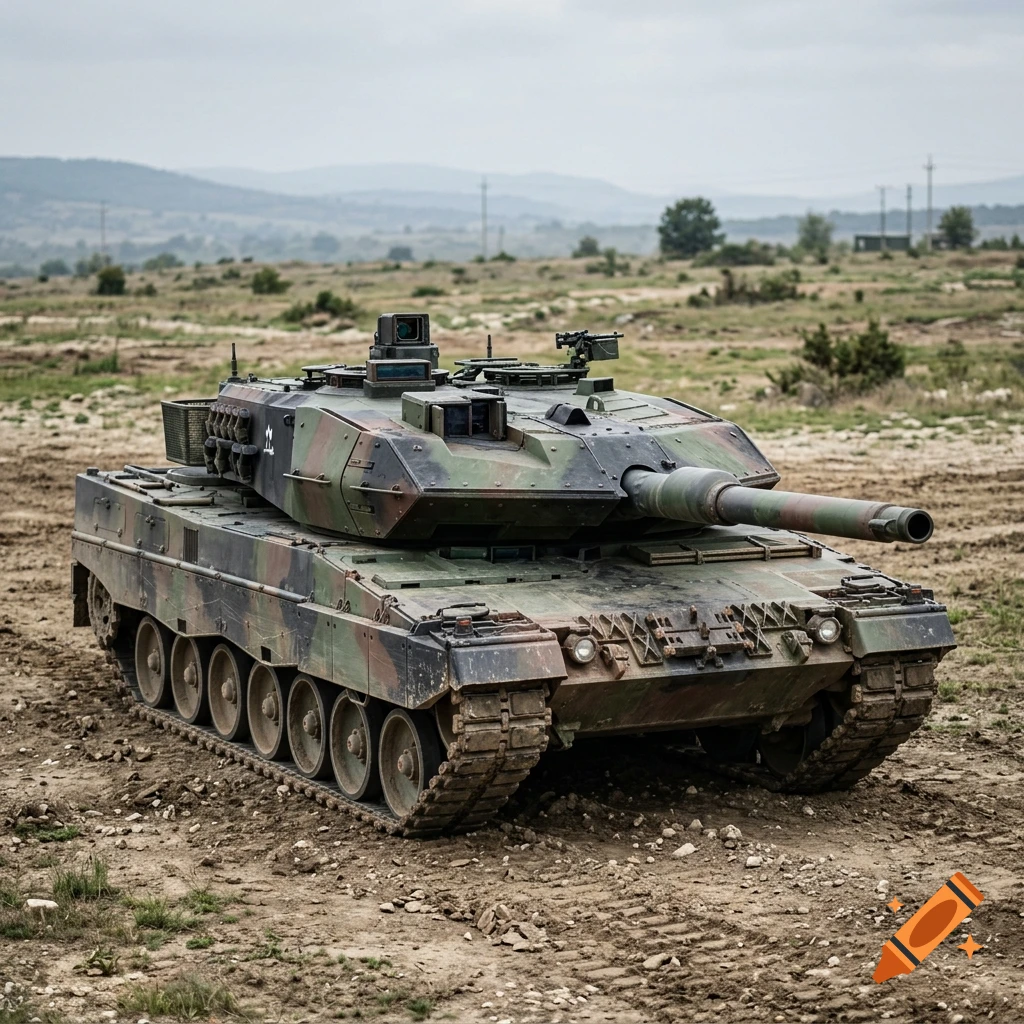 Photorealistic military tank on a dirt field under a cloudy sky.