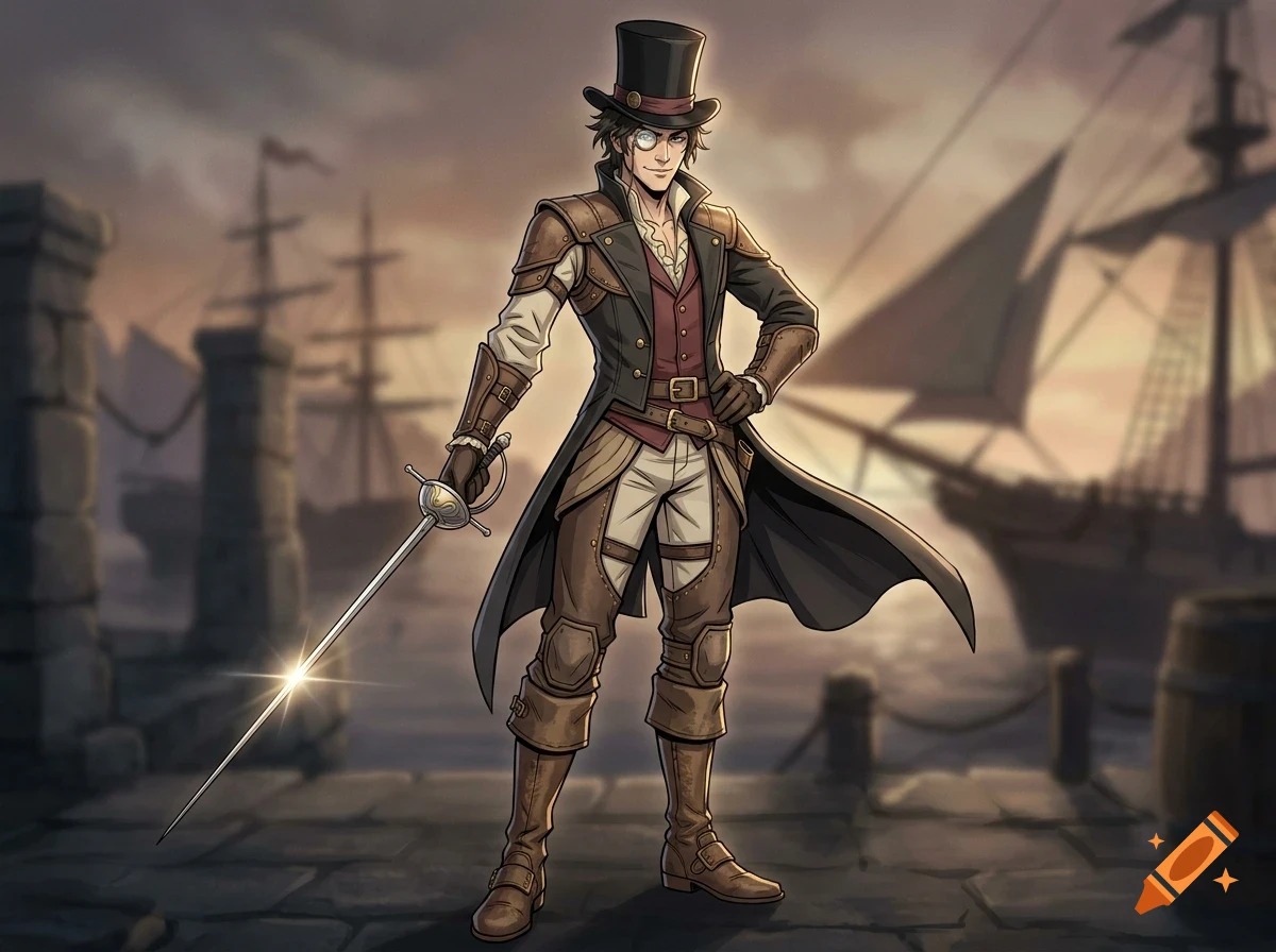 An anime-style illustration of a dapper man in a top hat, monocle, and steampunk-inspired attire holding a rapier at a harbor with docked ships.