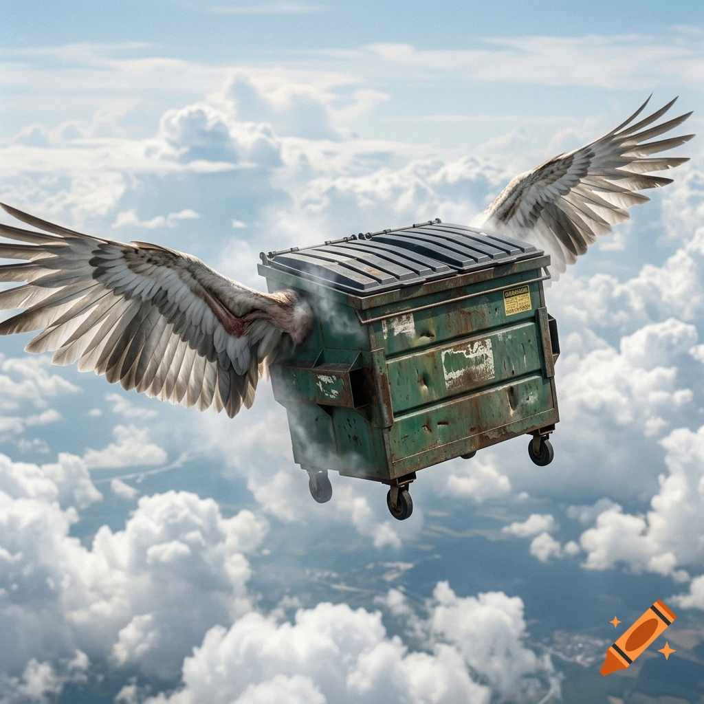 A photorealistic green dumpster with large feathered bird wings flying through the sky amongst clouds.