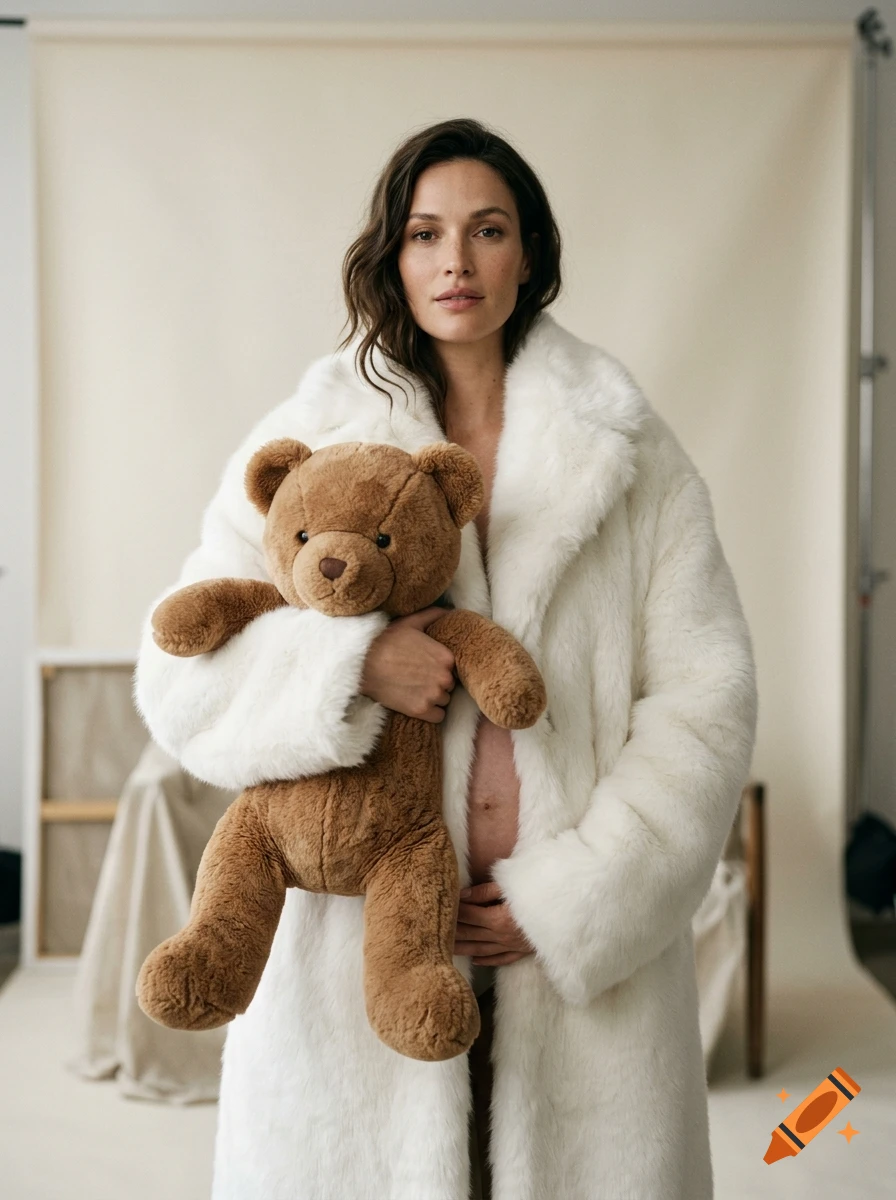 Photorealistic portrait of a pregnant supermodel in a white fur coat holding a large brown teddy bear.
