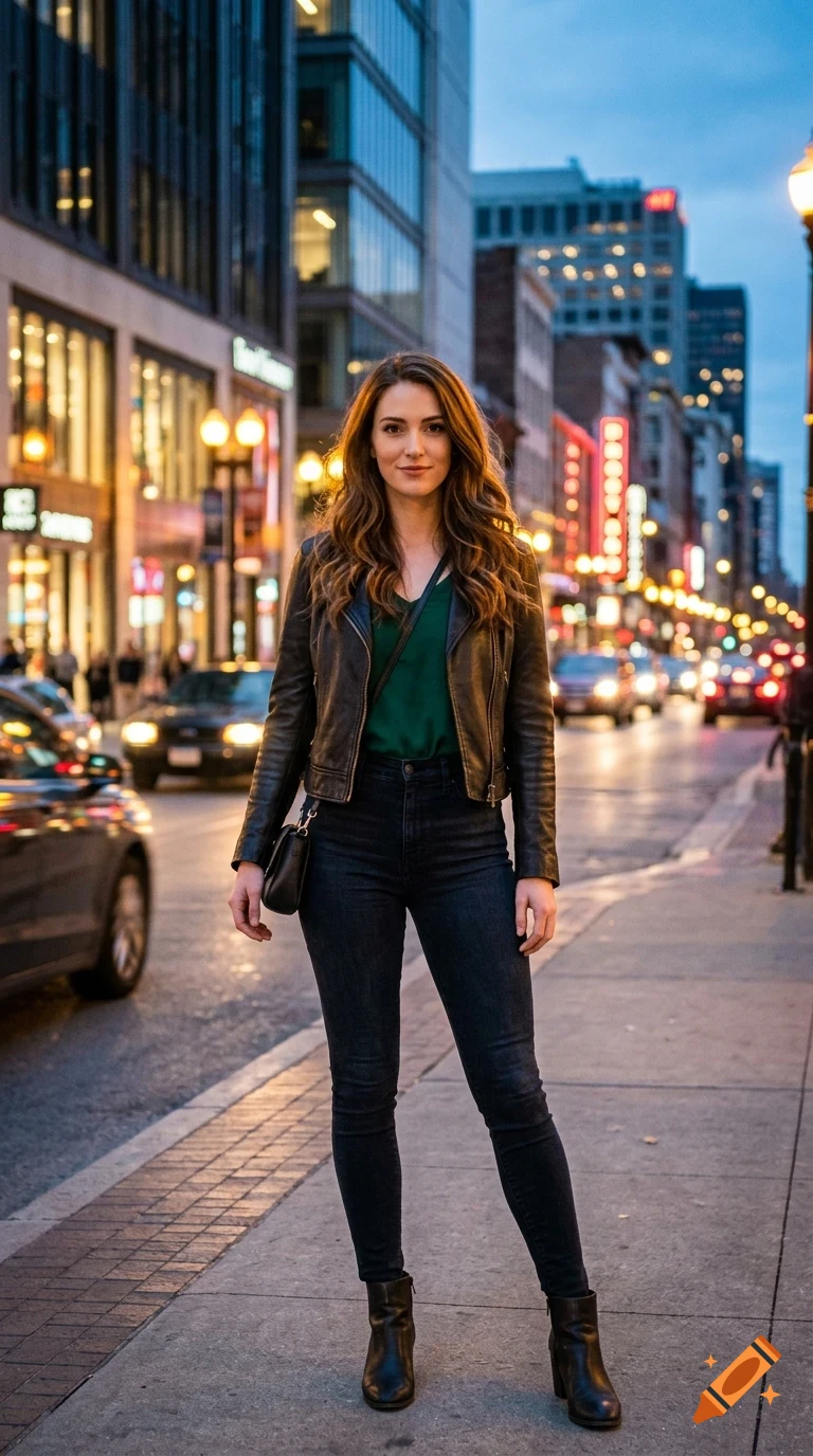 A full-length portrait of a woman standing on a city sidewalk at dusk, wearing a leather jacket, green top, dark jeans, and boots, with a blurred cityscape and streetlights in the background.