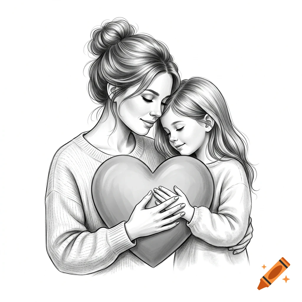 Black and white line drawing of a mother and daughter holding a large heart together.