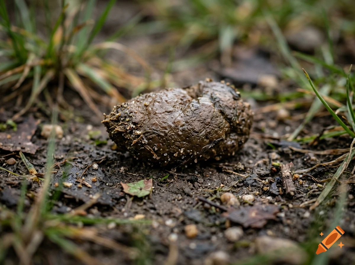 Close-up photorealistic shot of animal feces on damp soil and grass outdoors.